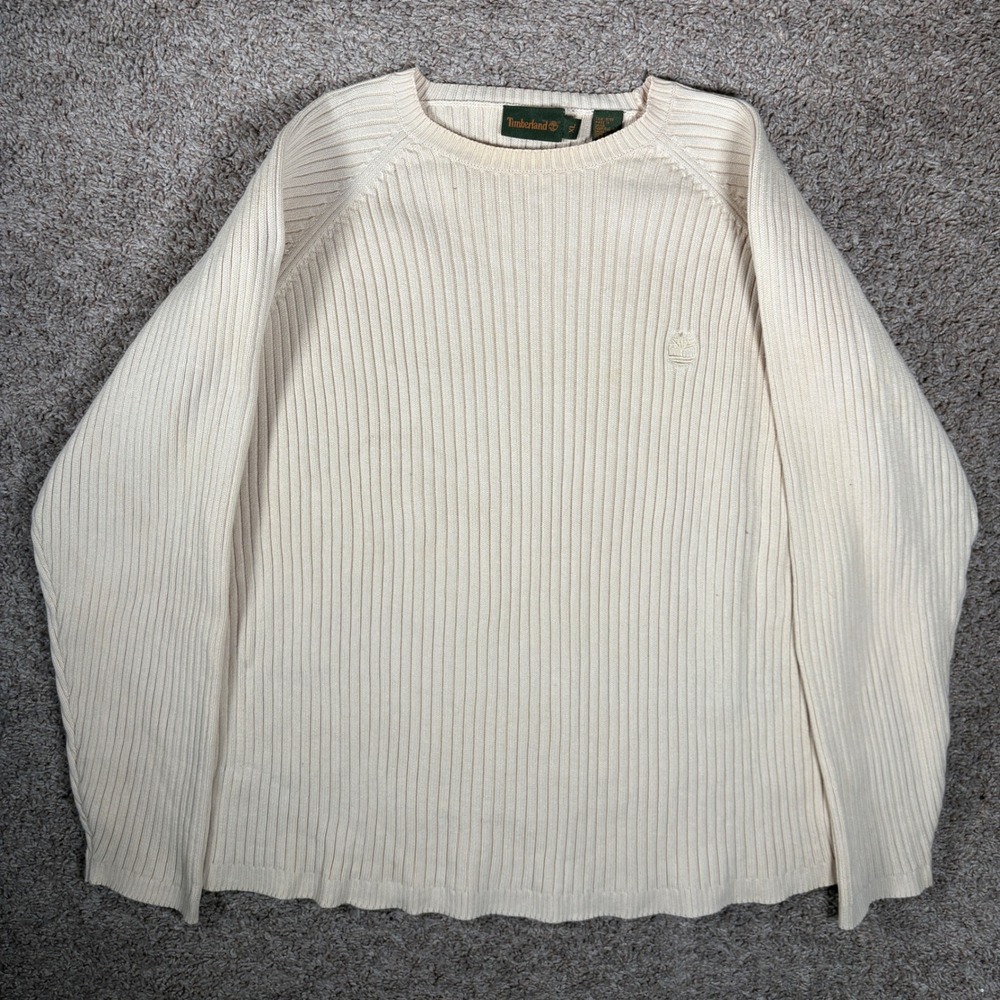 Timberland Mens XL Cream Ribbed‎ Cotton Crewneck Sweater Long Sleeve Logo